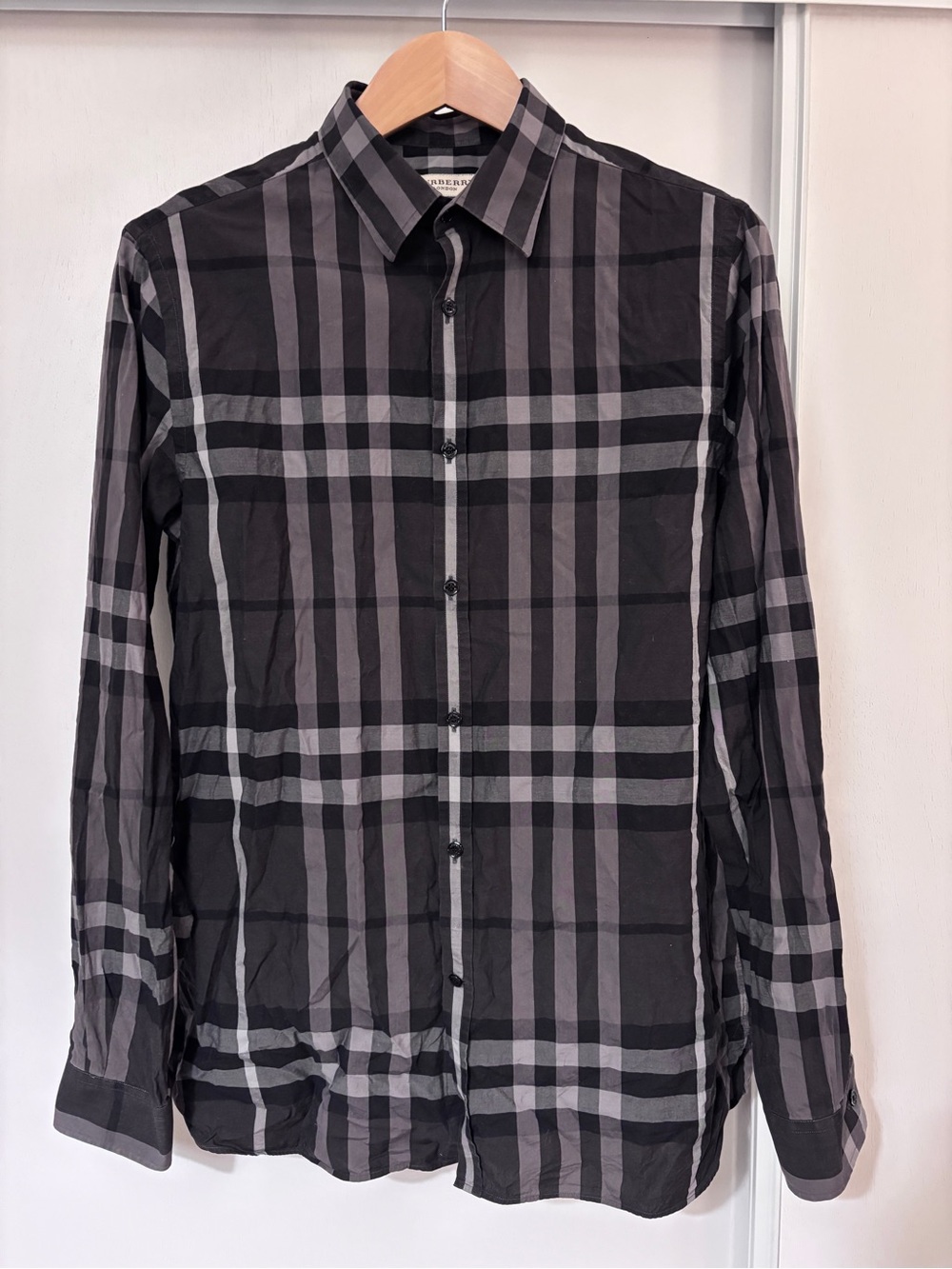 Burberry Mens Button Down Shirt Size 16.5 Neck Black Gray Check Plaid Minimalist